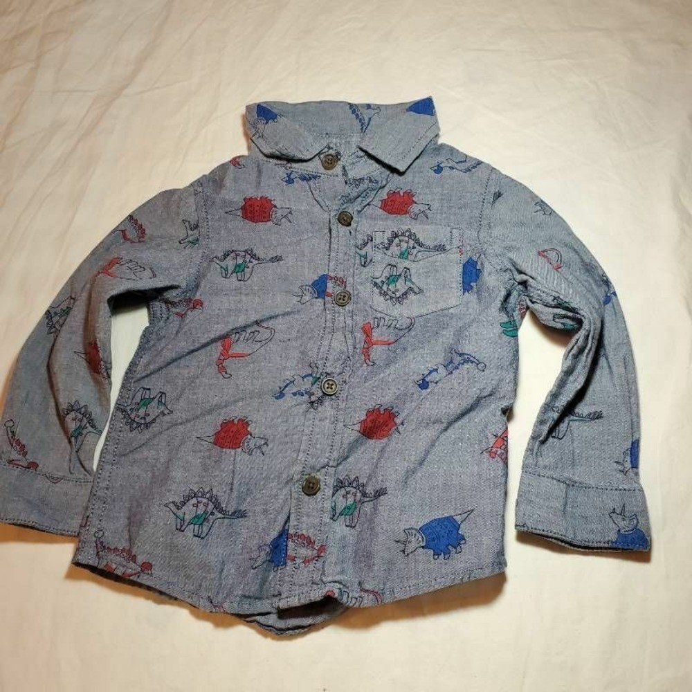 Cat & Jack Baby Button Up Shirt Gray Dino Print Long Sleeve Pocket Cotton 2T